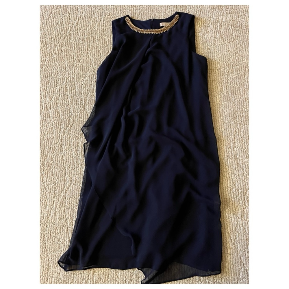 Elegant Navy Sleeveless Dress with Beaded Neckline